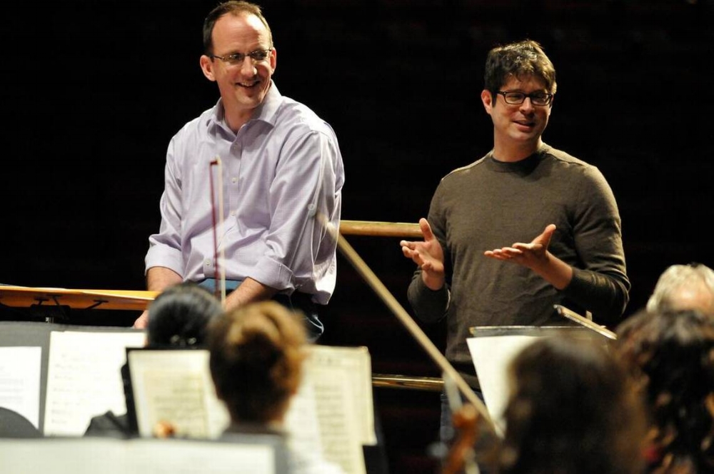 2013-14 Saykaly Garbulinksa Composer-in-Residence Adam Schoenberg at orchestra rehearsal in advance of the world premiere of his work, “Canto.” Photo by Rich Copley, Lexington Herald-Leader.