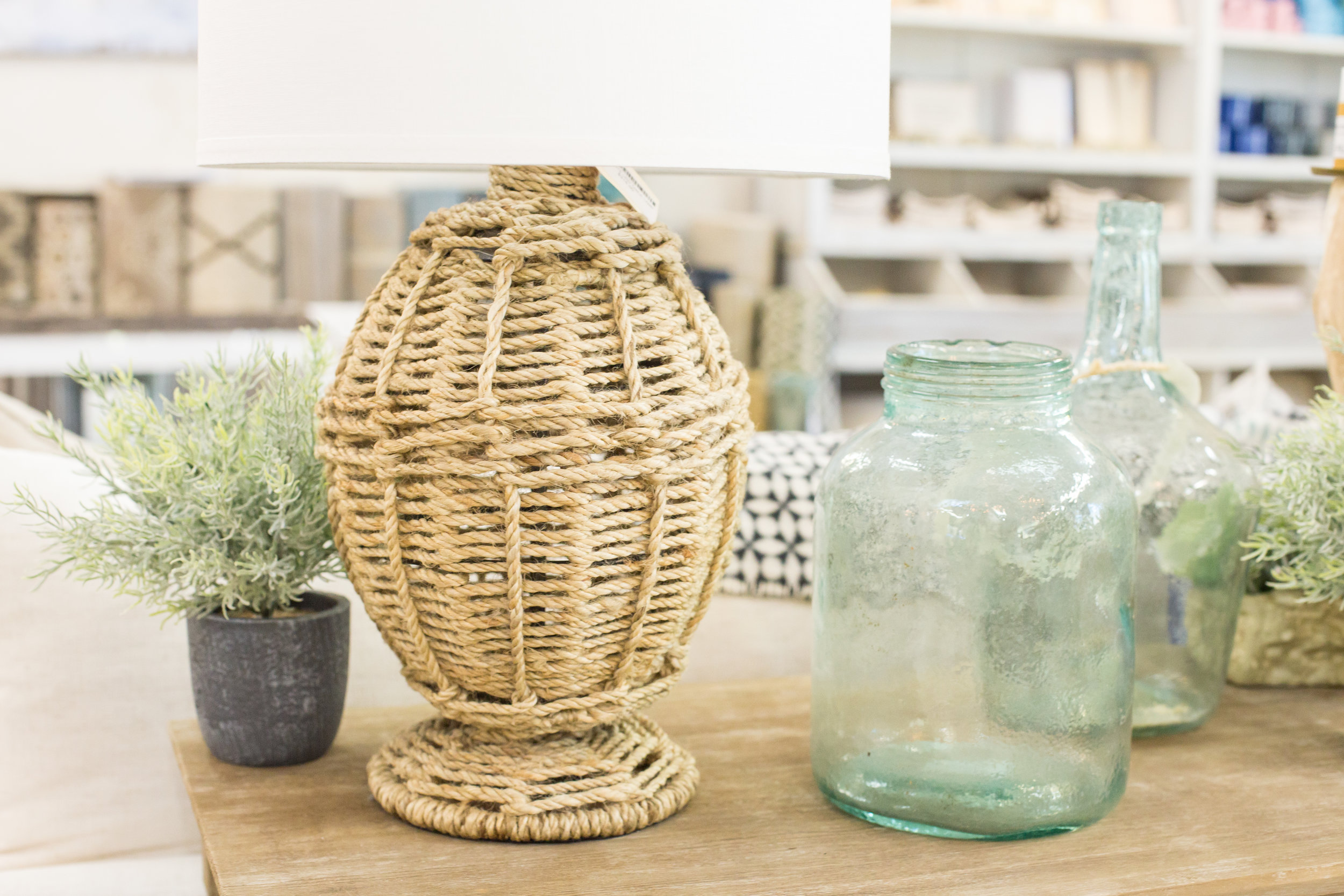 Seaglass jars, woven lamp