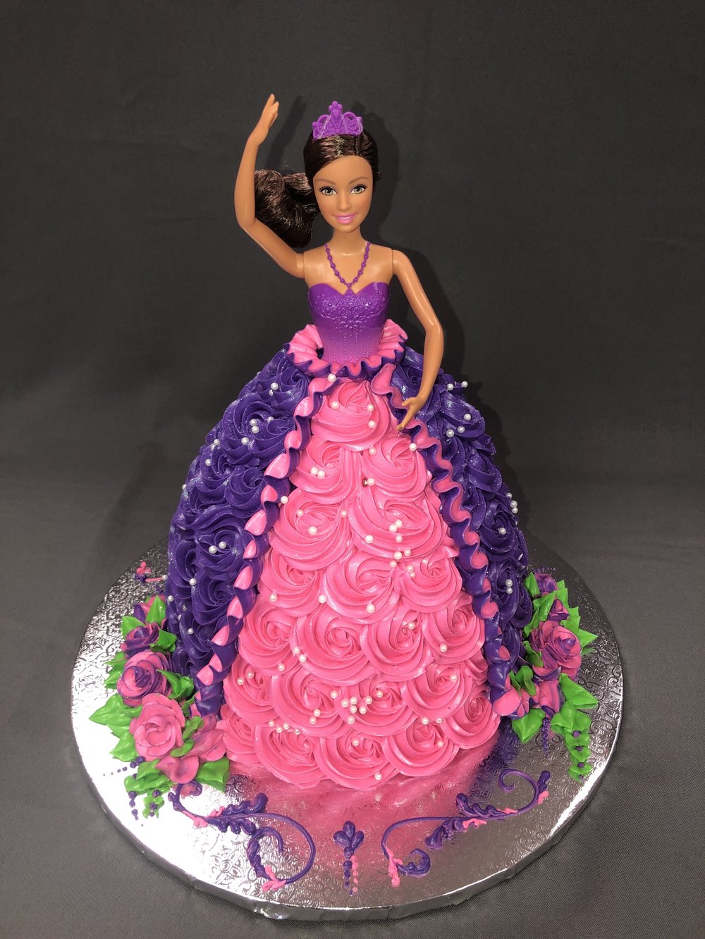 Pink and purple Barbie cake