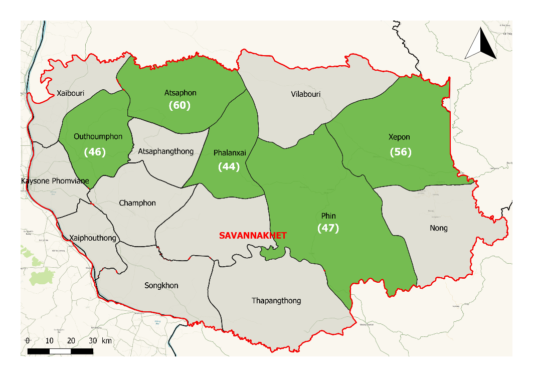   Map of Savannakhet province and number of target schools for each district  