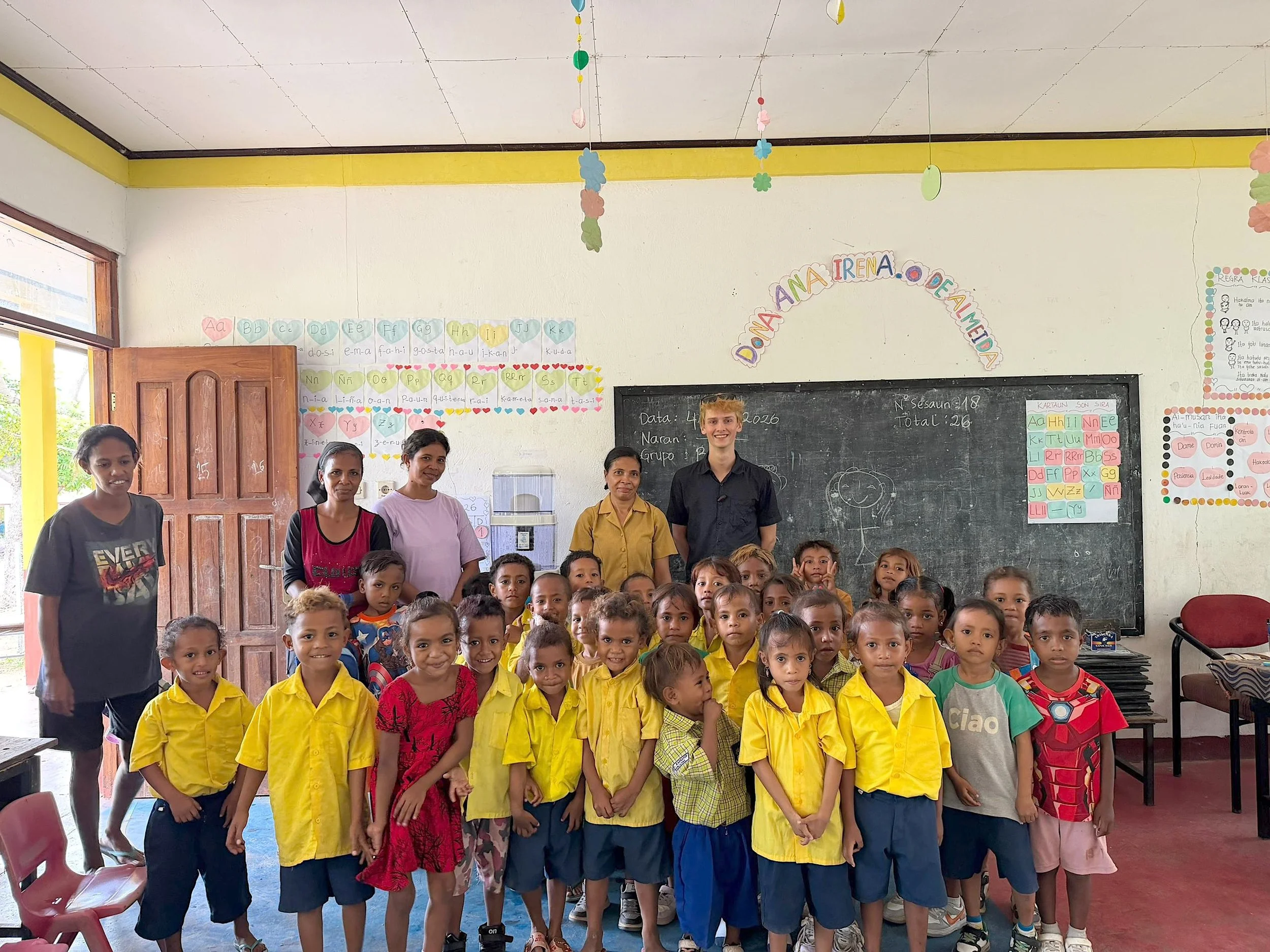 John with students and teachers at Avo Ana Irena O. de Almeida preschool in Metinaro after delivering filters provided by Abundant Water through support from the Denise Lee Holehouse Memorial Foundation
