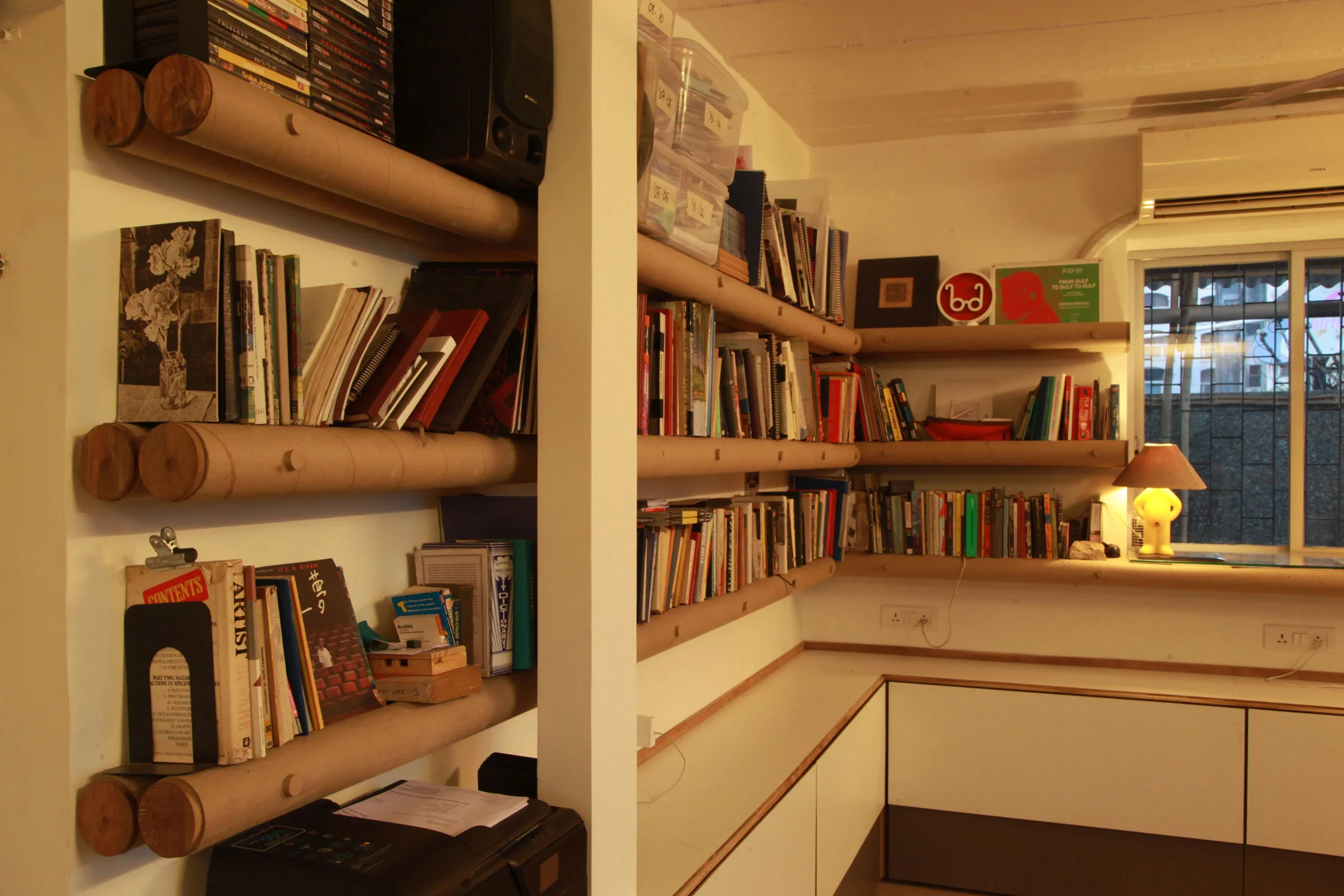 CAMP, Mumbai In the urban context, designing interior spaces with recycled timber and up-cycled paper tubes for the Studio of CAMP in Mumbai. The bamboo roof was designed over a terrace to extend the studio space.