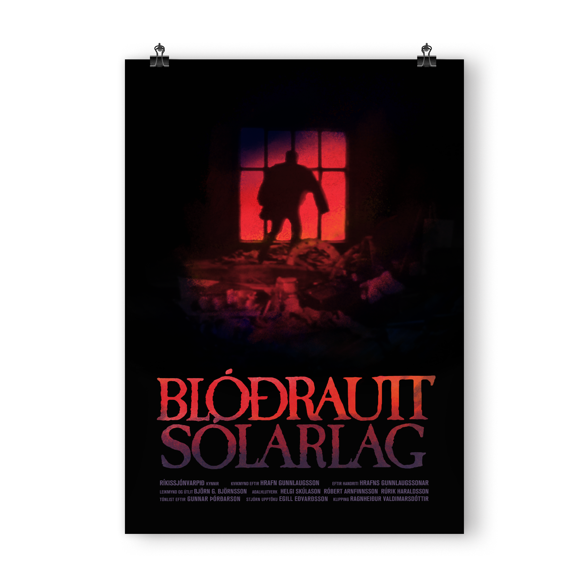  CRIMSON SUNSET. Poster for the film Blóðrautt Sólarlag (Crimson Sunset), a rare TV movie by director Hrafn Gunnlaugsson.  