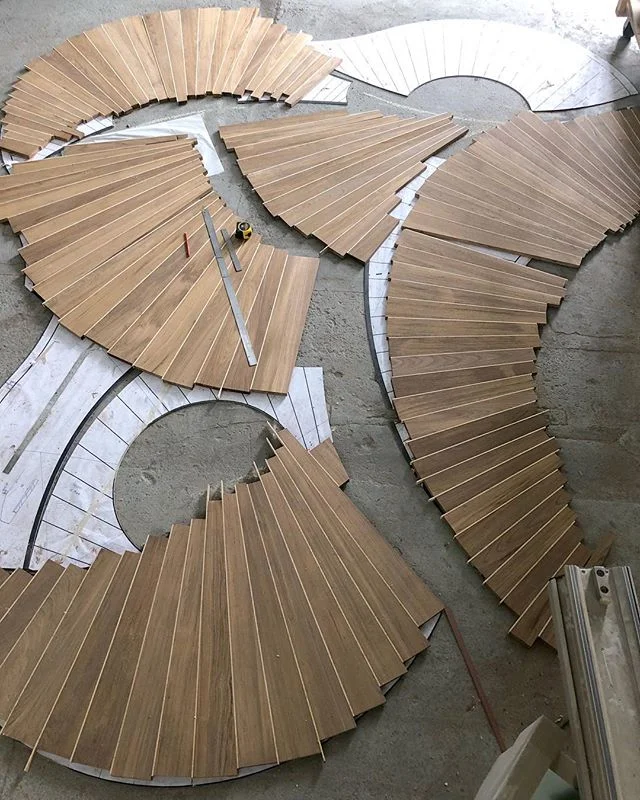Things are getting a bit busy in here. The thing that takes the longest with this project is the glue ups. You can only really glue 5/6 pieces together at a time, plus when the biggest panel has 42 pieces you realise it&rsquo;s going to take a while.