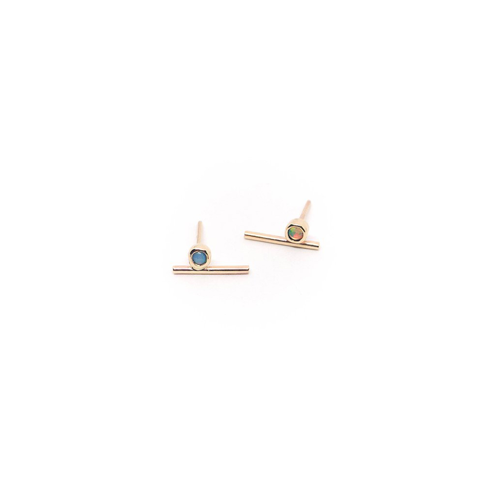 gold line bar earrings with opal 14k