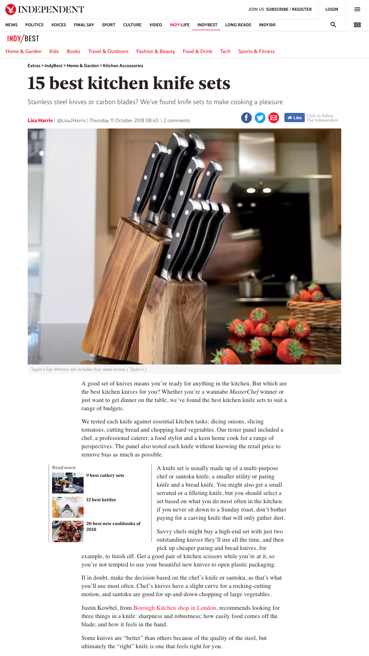 IndyBest knife review article. Rigorously tested and reviewed over 30 knife sets to finalise the Best Buy and knife buying recommendations