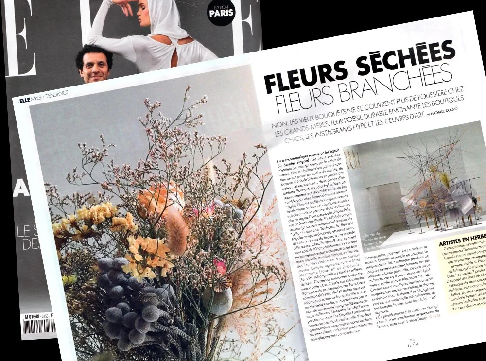 " La fleuriste Miyoko compose des bouquets séchés avec des fleurs venues du Japon, d'une grande délicatesse." Elle Magazine novembre 2017.