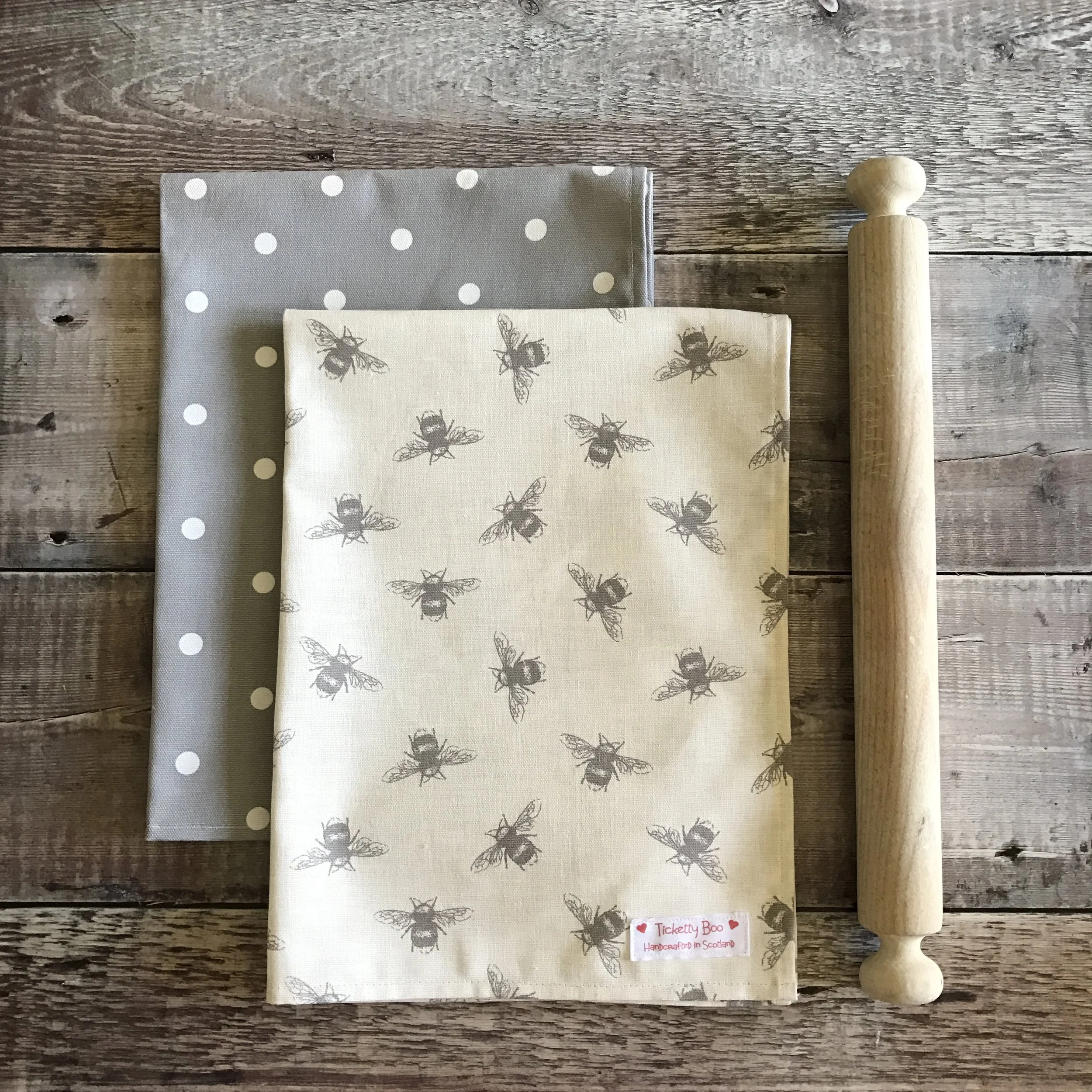 original bee and grey dotty tea towel.JPG