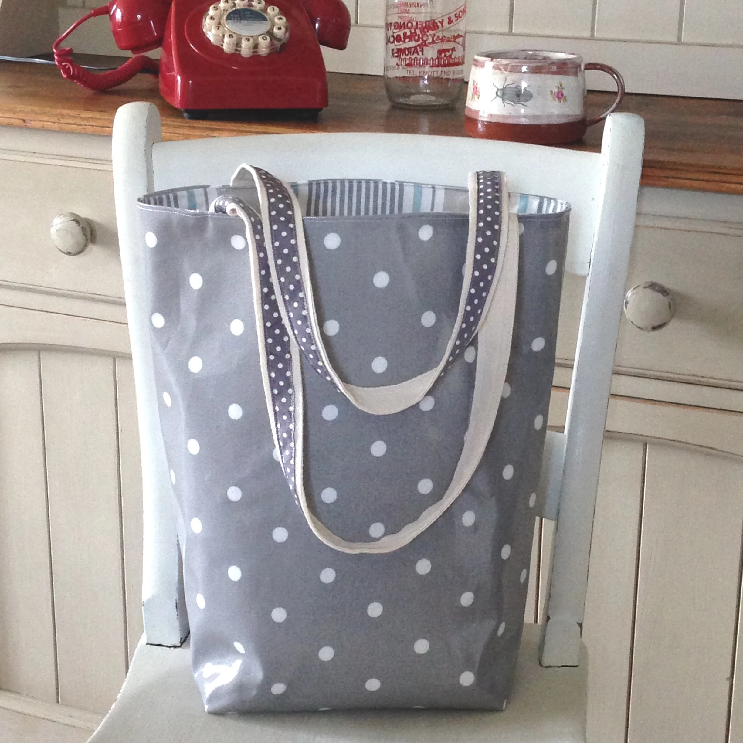 Shopper Bag Grey Dotty Oilcloth with Pocket/Keyring — Ticketty Boo