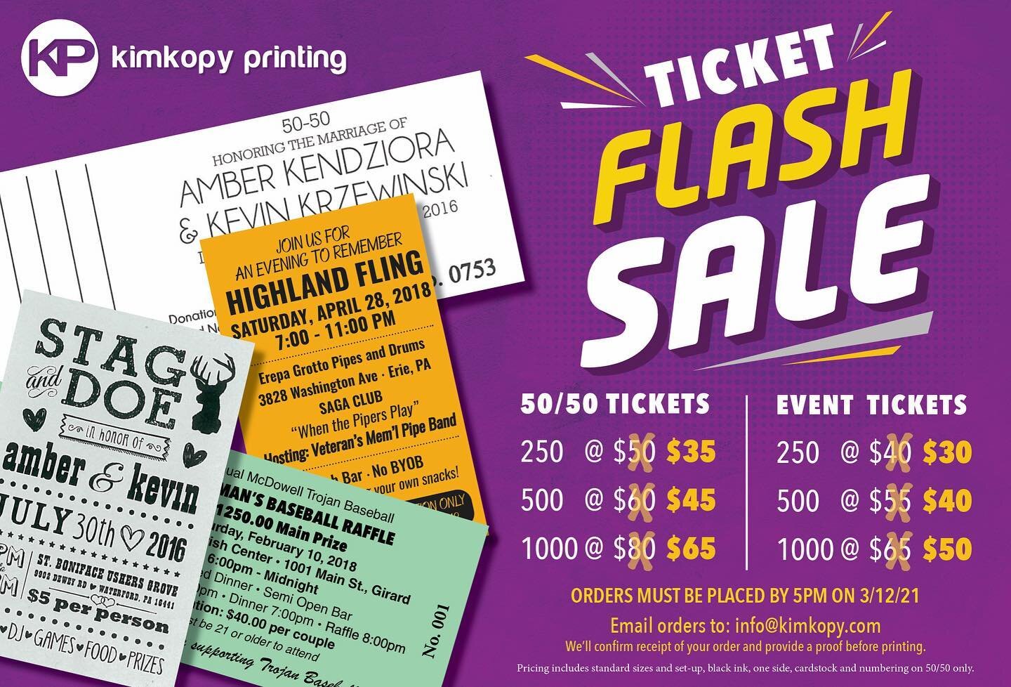 Happening now....our annual ticket FLASH SALE. Email us your info and call with any questions. Sale ends 3/12/21 at 5pm.