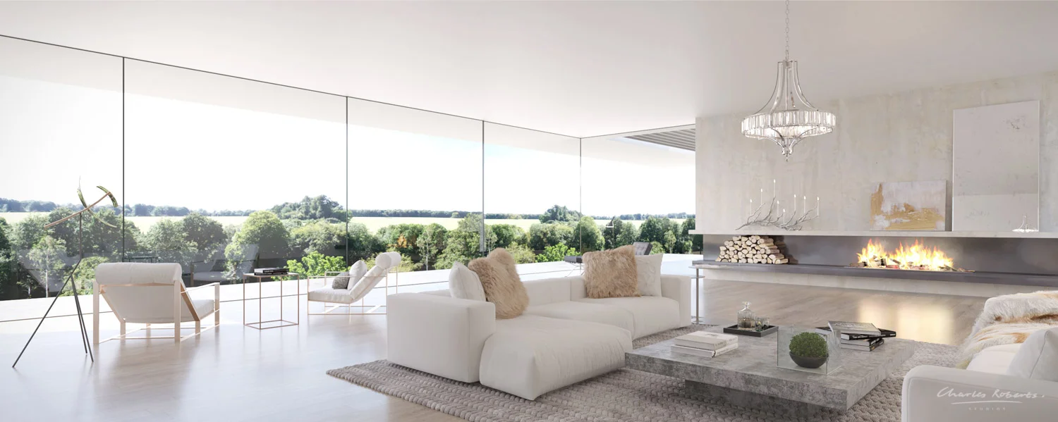 Property CGI interior living room showing glazed wall overlooking garden