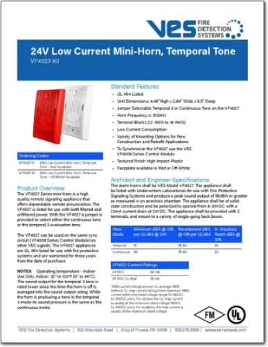    24V Low Current Mini-Horn, Temporal Tone  VF4027-X0  