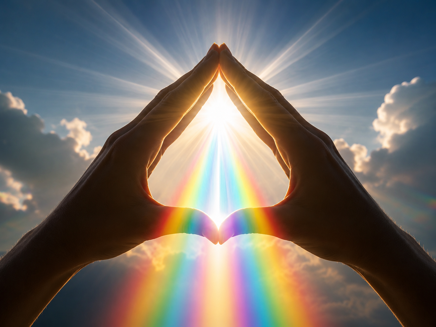 Hands forming a heart shape with the sun shining through, creating a rainbow in the sky.