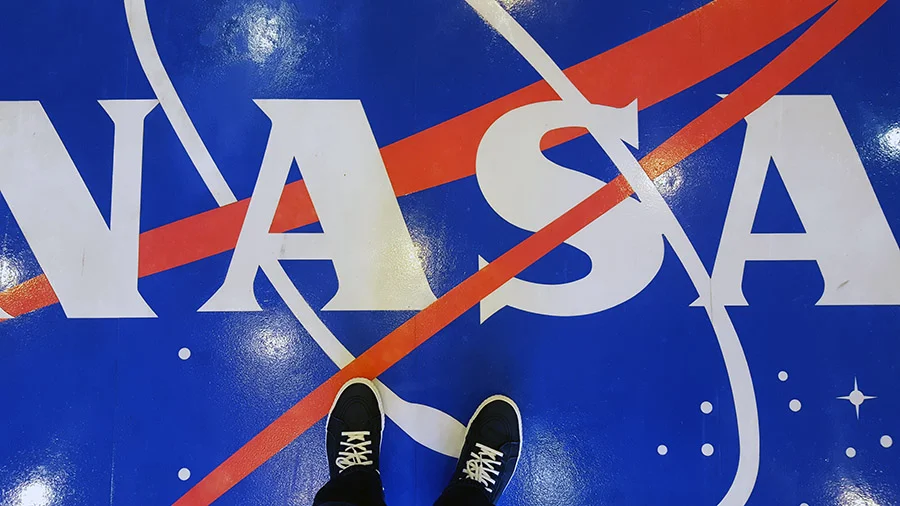 Standing in the lobby of the Neil Armstrong Operations and Checkout Building