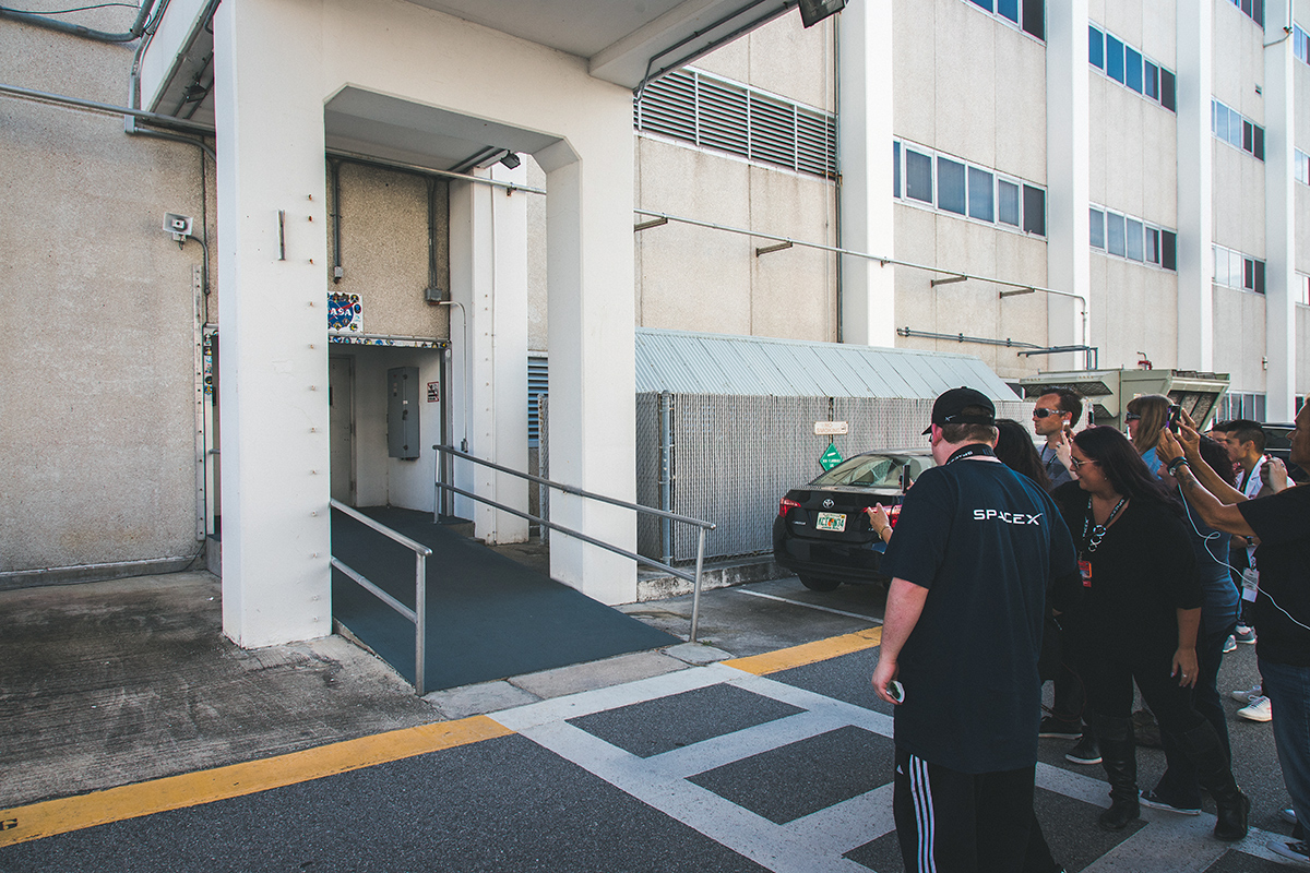 The iconic walkway astronauts are seen walking down on their way to the launch pad.
