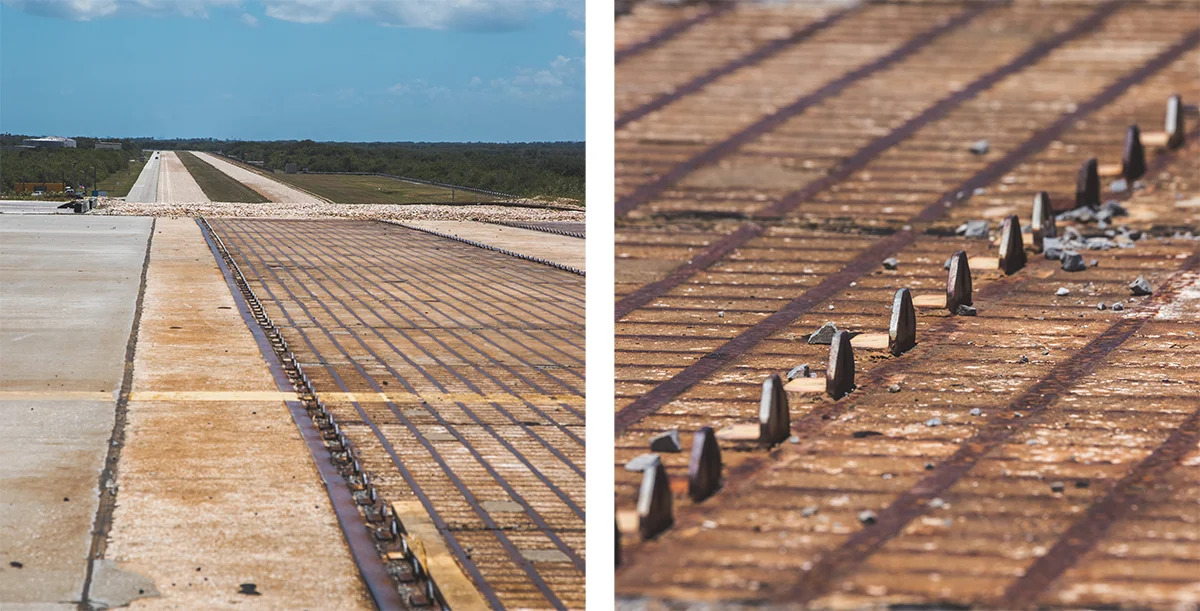 These metal “teeth” are used by the Crawler, which uses them as a guide track while driving up the pad