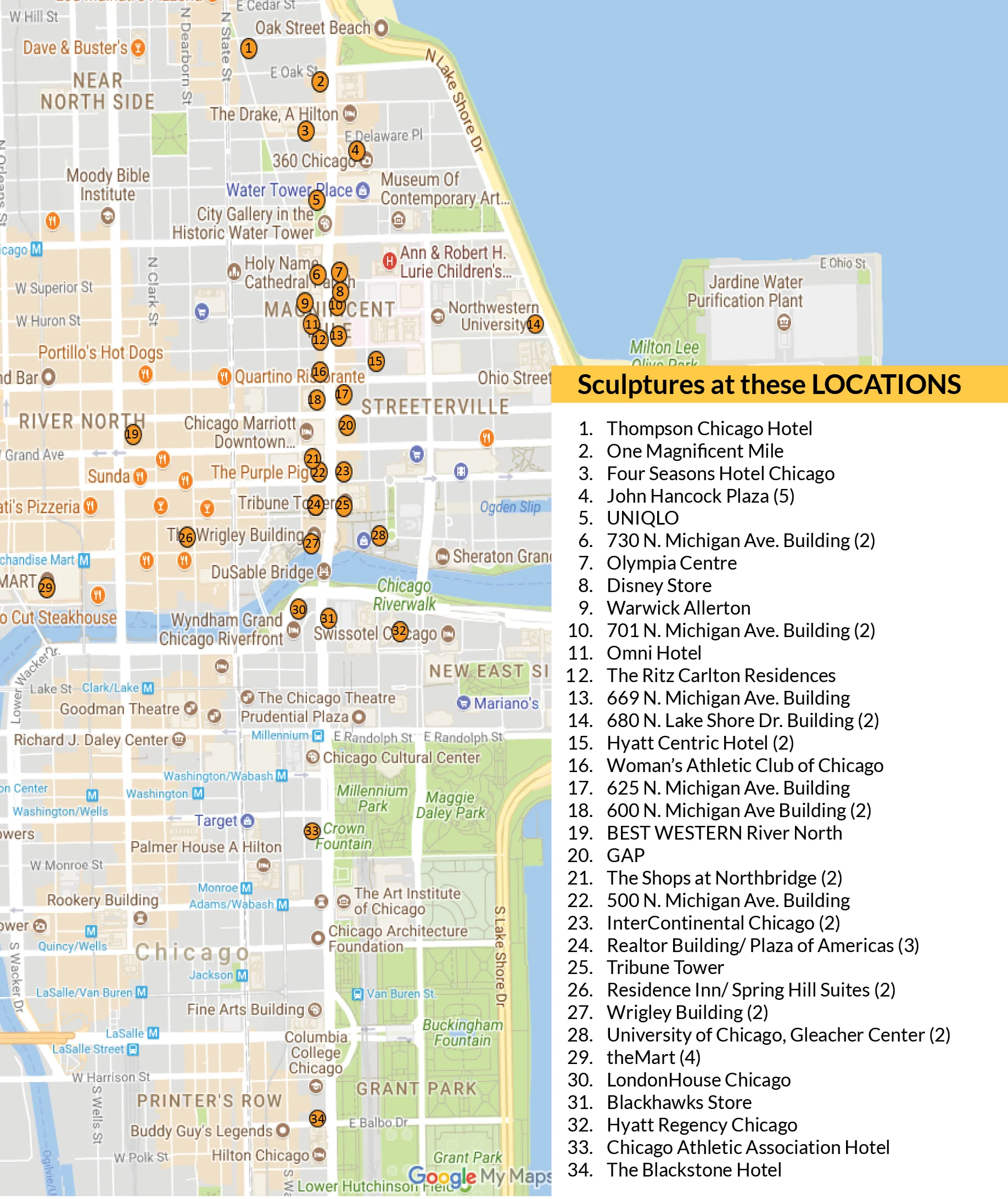 Lighthouse Sculpture Locations map - map of the city with number points and a key, showing the location of each lighthouse sculpture. Download the official map by clicking on the button below.