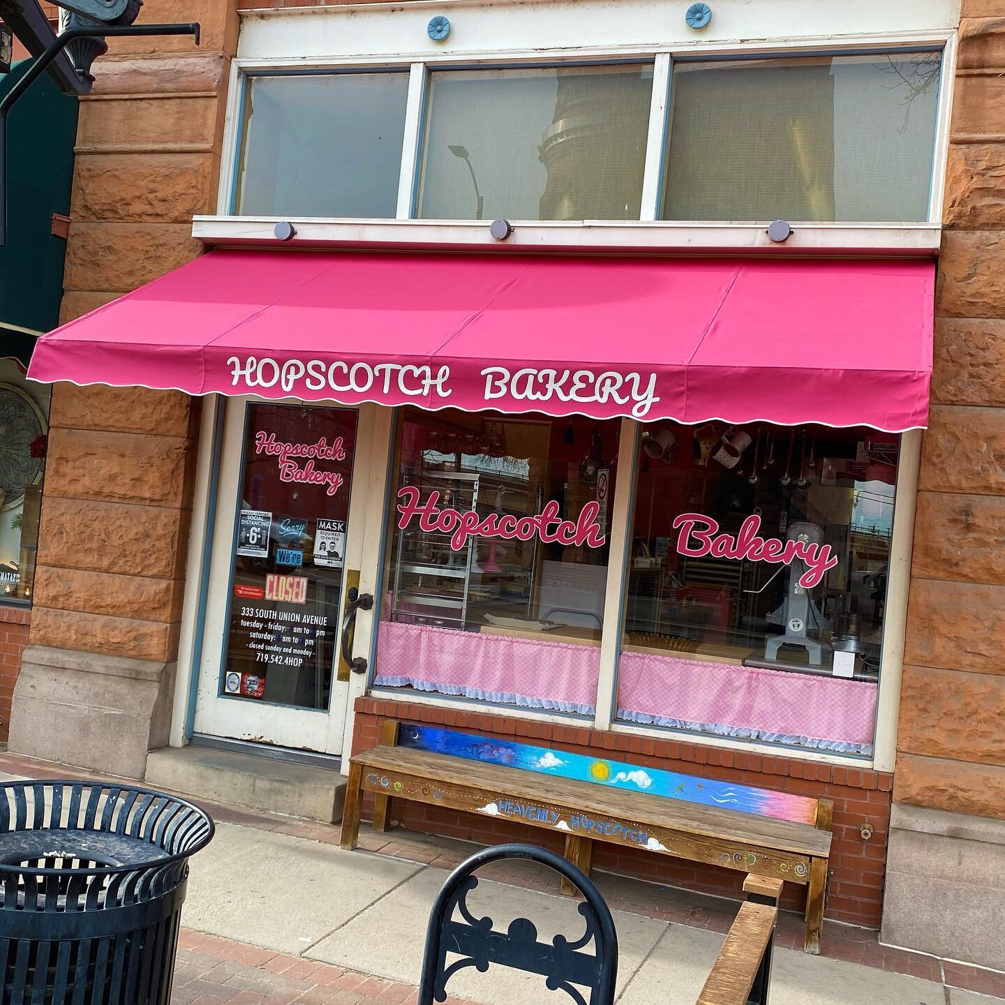 The next time you need a sweet treat be sure to stop by Hopscotch Bakery! 

#aztecmfg#storefrontawnings#canvasawnings#steelawnings#awnings#awningsandcanopies#canopies#canvascanopies#1shot#1shotpaint#1shotletteringenamel#handpaintedsigns#puebloco#down