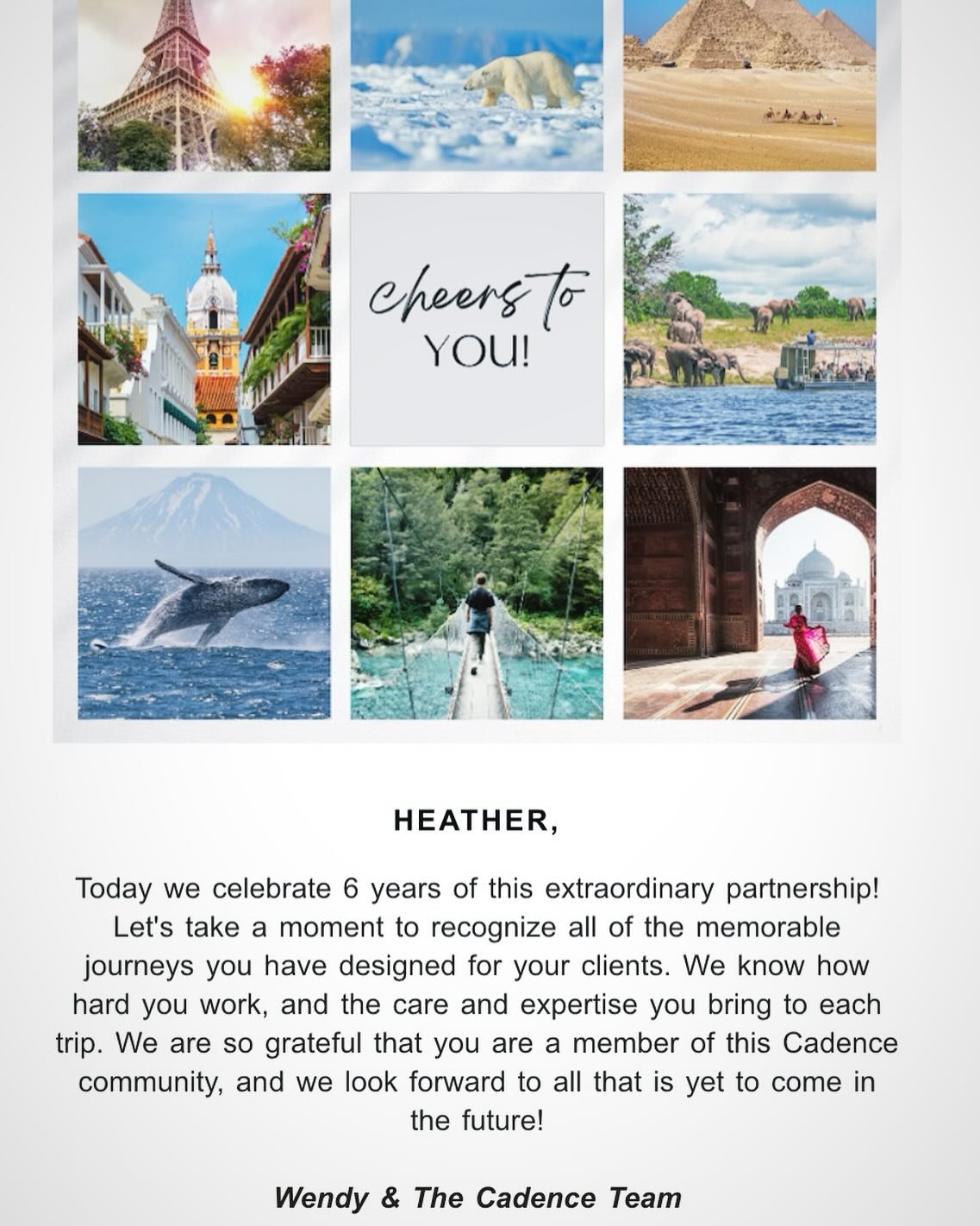 Today marks 6 years since I joined Cadence in La Jolla as my host travel agency. Thank you to Wendy and the Cadence team for this lovely message and for the leadership, support, encouragement (zooms through the pandemic), innovative tools, and creati