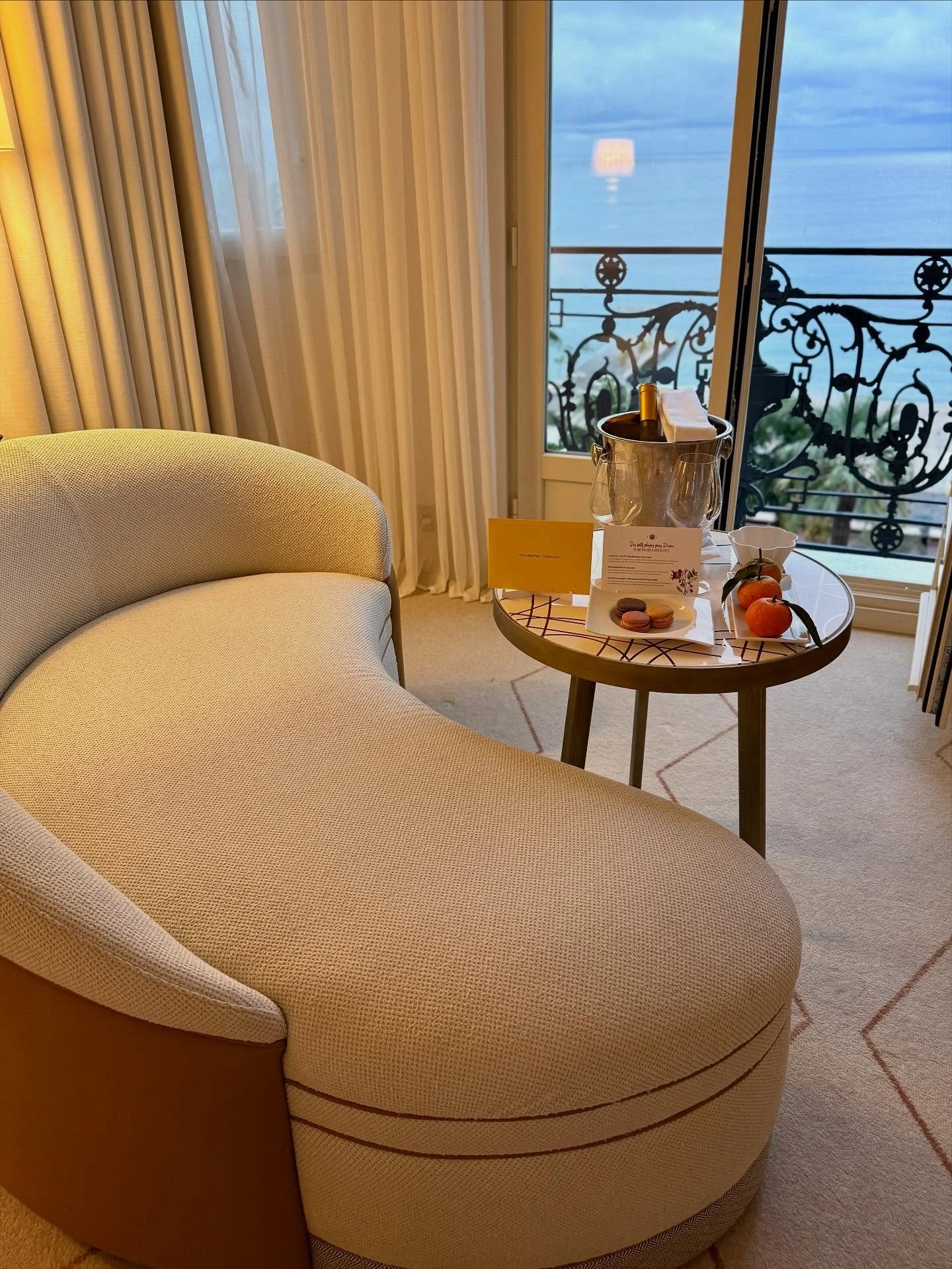 French Riviera chic at the iconic Carlton Cannes! 🥂 🇫🇷✨💫This chic suite with sea views welcomed me to one of my favorite stays of our trip. No one does timeless glamour in yellow &amp; white stripes like the Carlton Cannes. Thank you to Caroline,