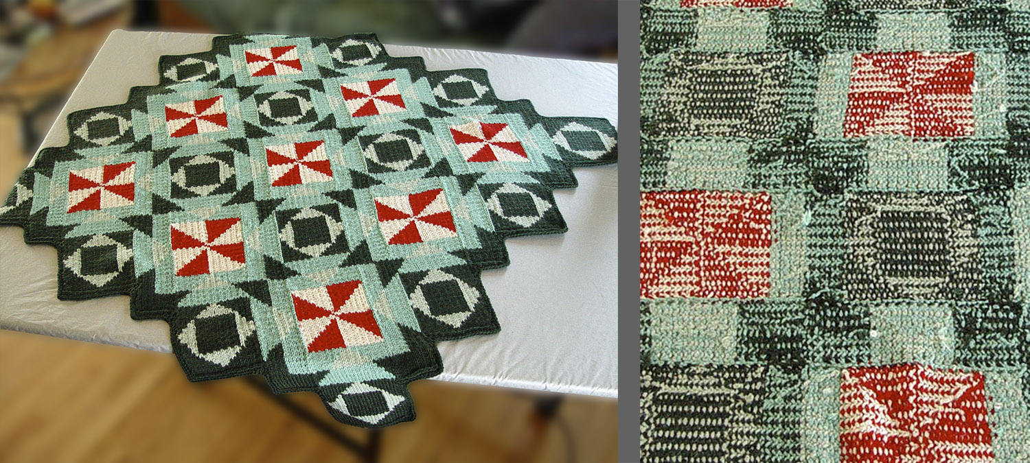 I knitted this in carried-strand-fair-isle technique, so no tiny fingers would get caught in floating strands across the back. That's the finished back on the right, with all the tails tucked in.