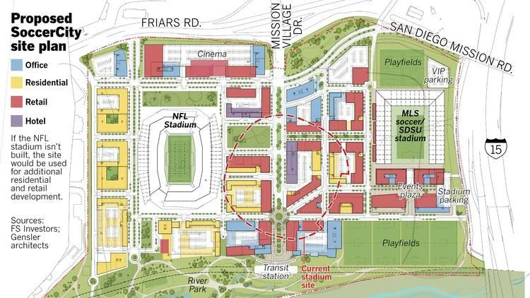 Bird’s eye view of a built-out SoccerCity