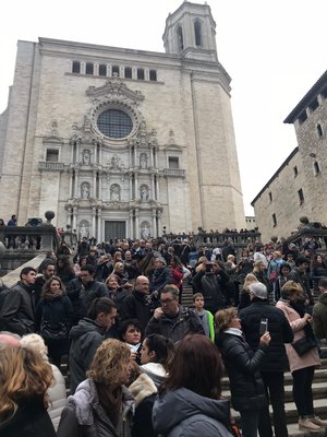  People waiting for the Catholic processional to start outside of Girona's Cathedral 