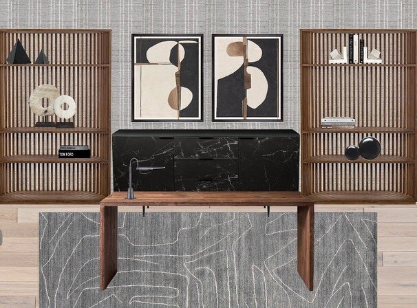 An elevated, modern workspace in progress 🖤 When creating @chriswharder&rsquo;s home office, we selected a handwoven wallpaper from @innovationsusa to incorporate texture + add depth to the room. Our interior designers then chose slatted wood back @