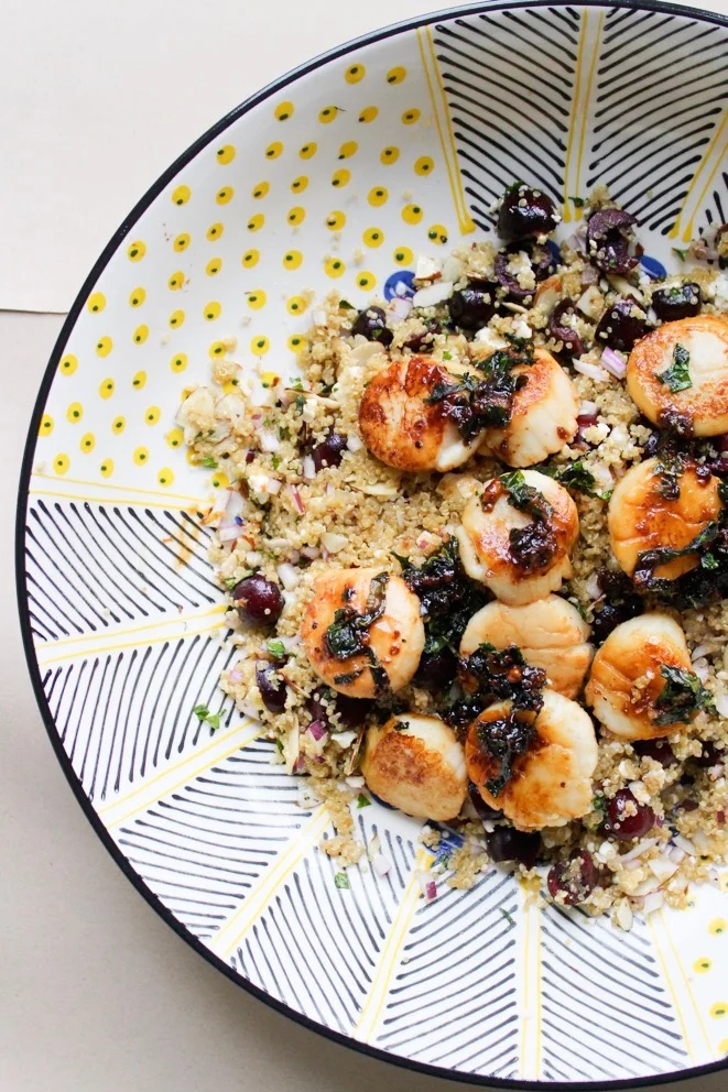 Garlic Honey Scallops with Cherry Quinoa Salad