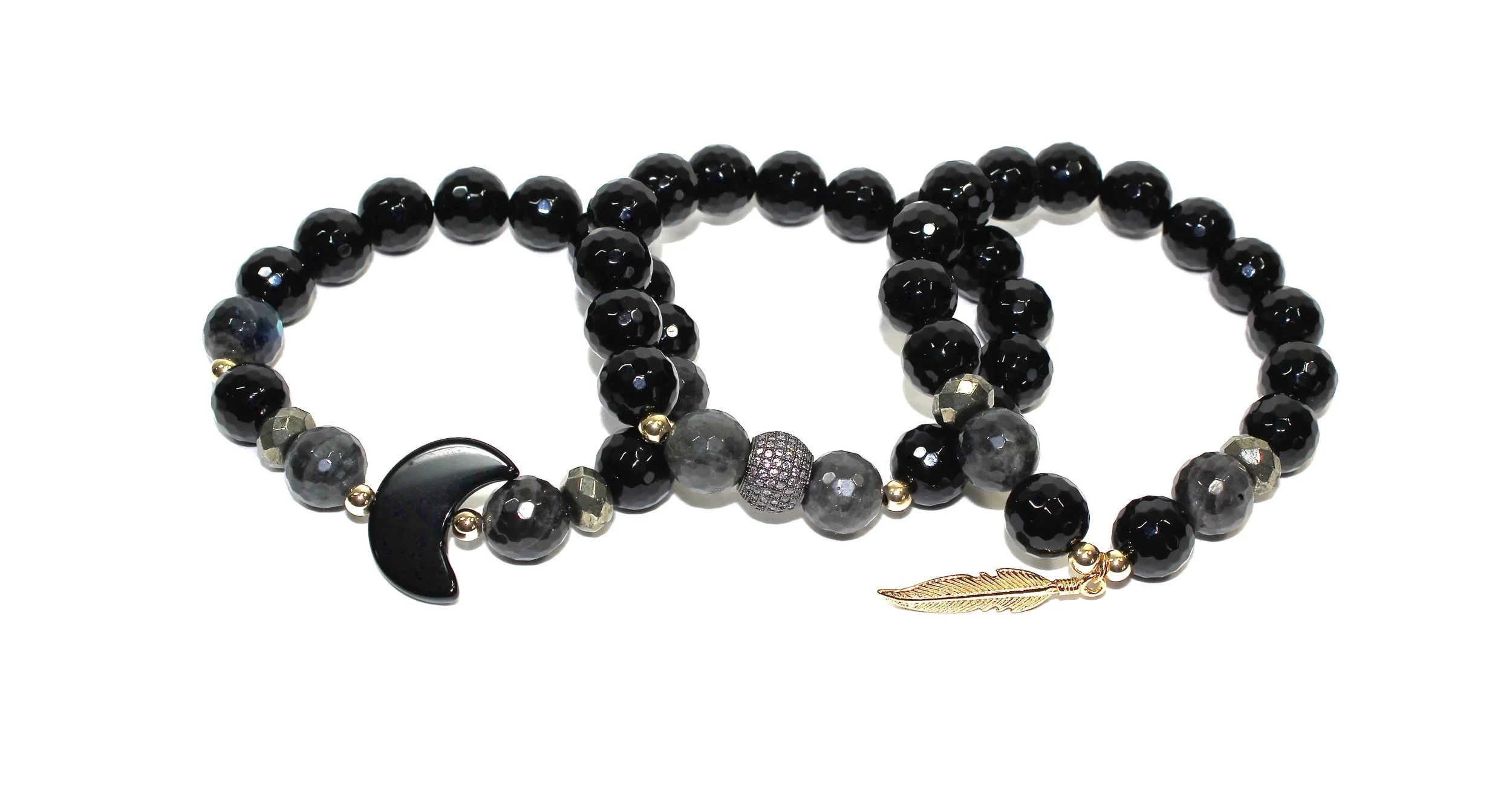 Crescent, Feather, Cz Ball Stack In Black Onyx Stacks Bracelet