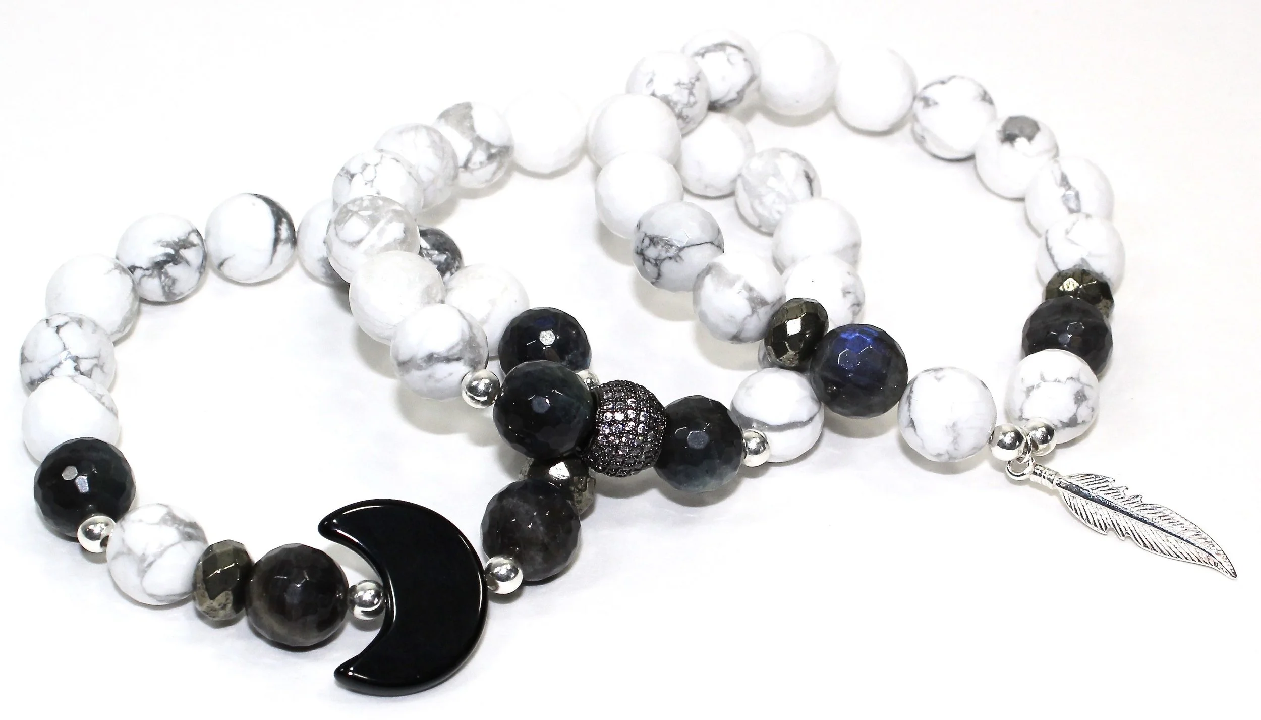 Crescent, Feather, Cz Ball Stack In Howlite Marble Stacks Bracelet