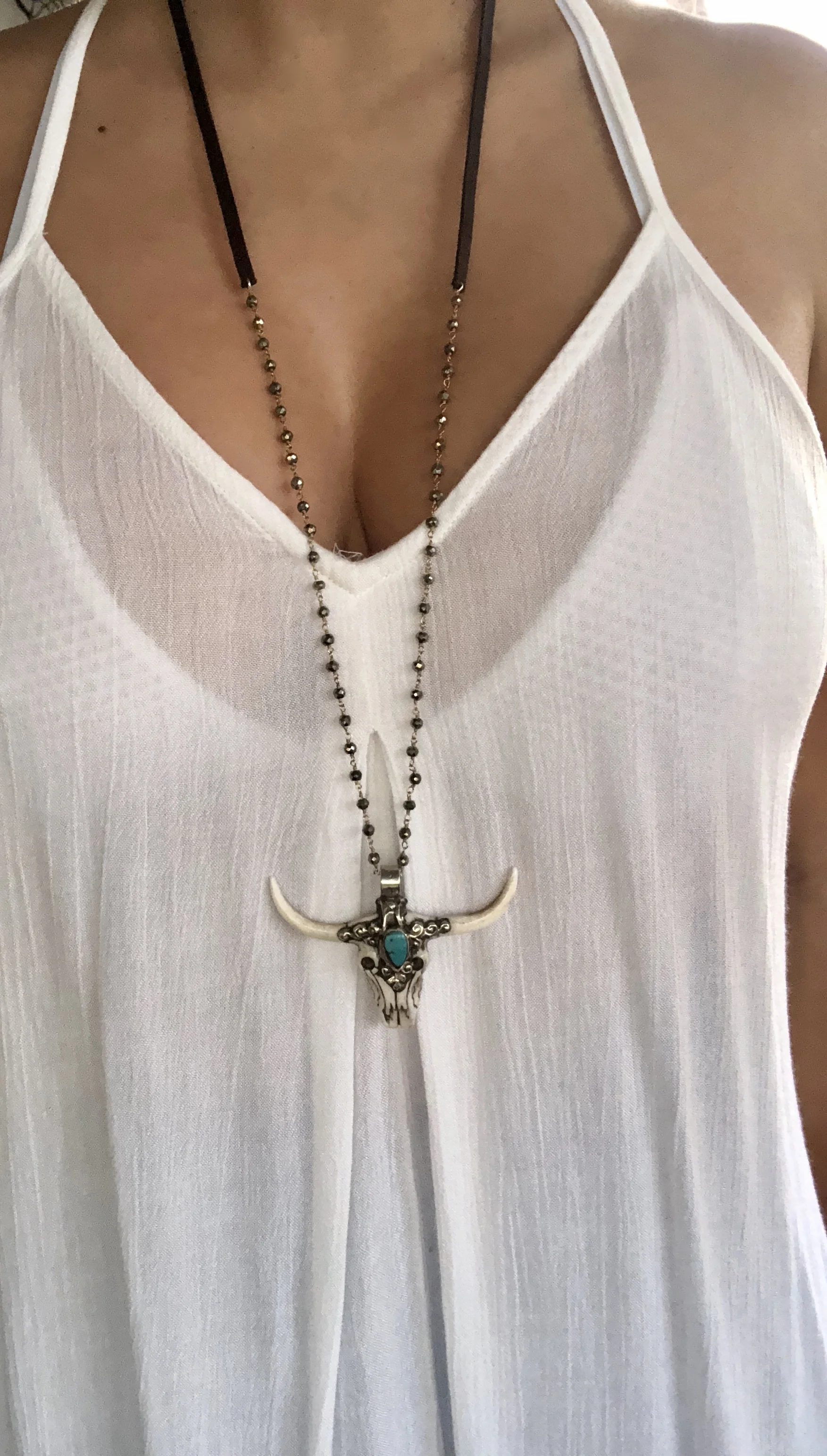 Vintage 925 Sterling Silver Bone Longhorn Skull Long Necklace