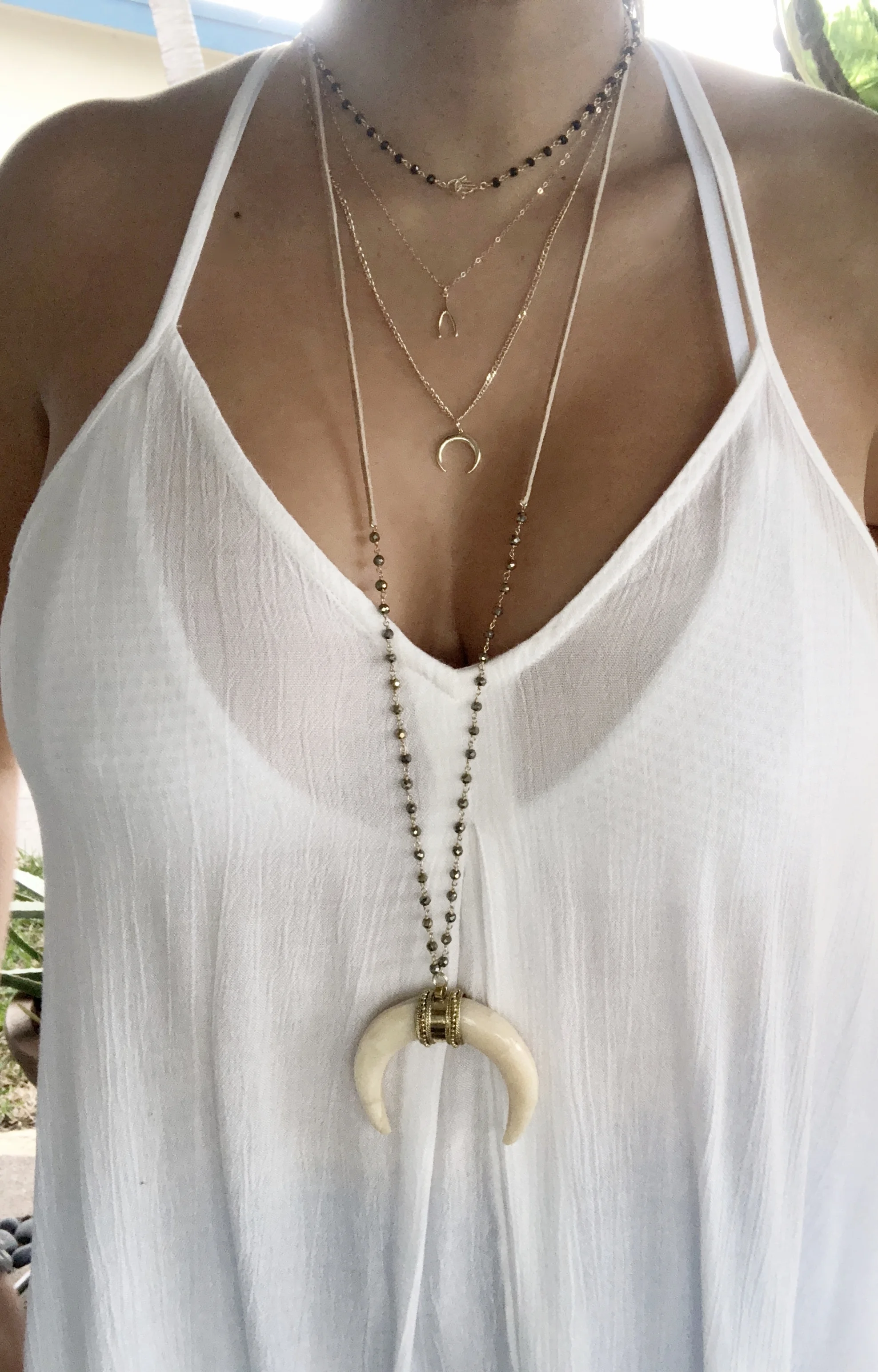 Bone Crescent Horn With Wired Pyrite And Sand Leather Long Necklace