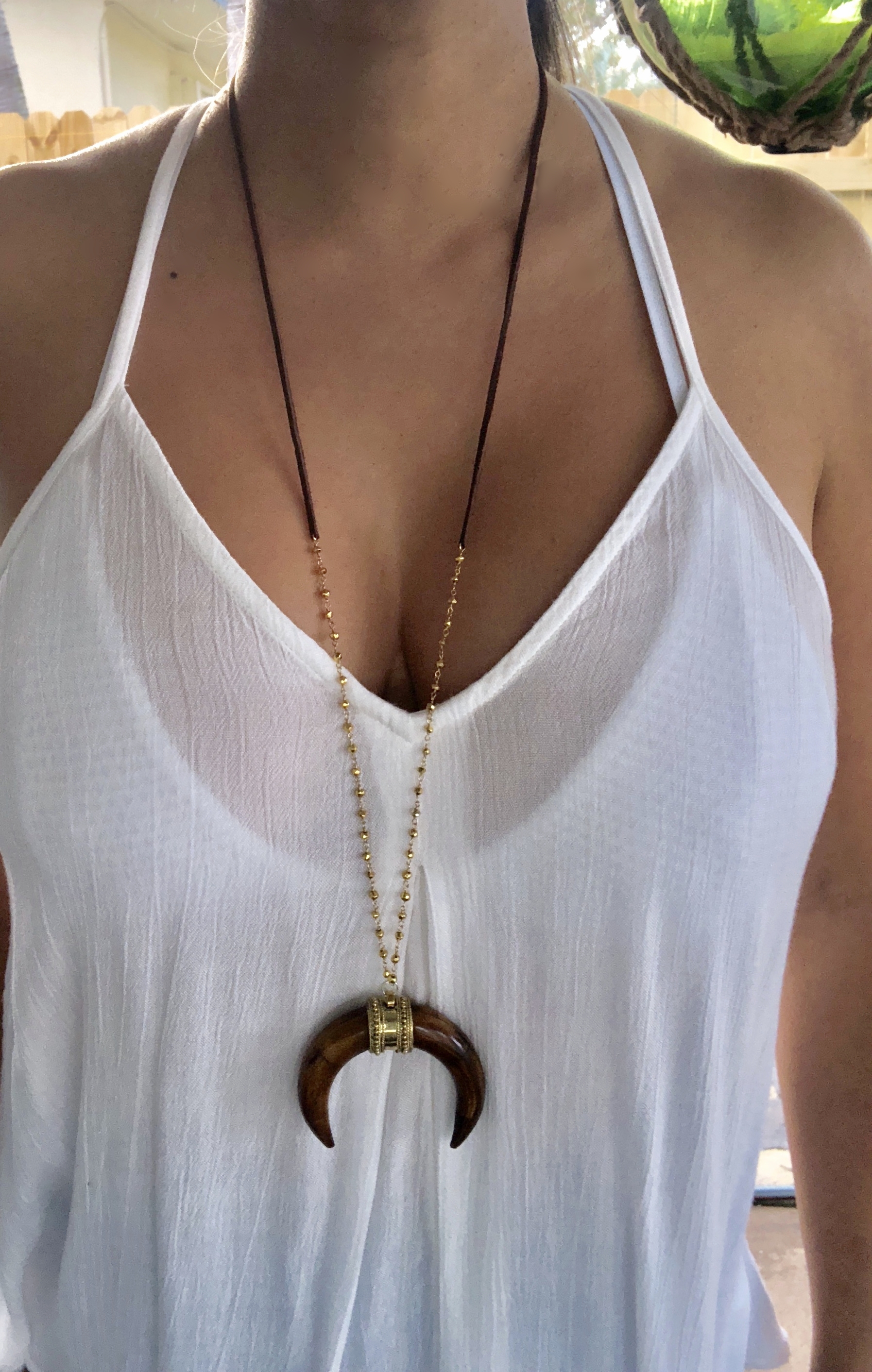 Bone Crescent Horn With Wired 14K Gold Dipped Pyrite And Brown Leather Long Necklace