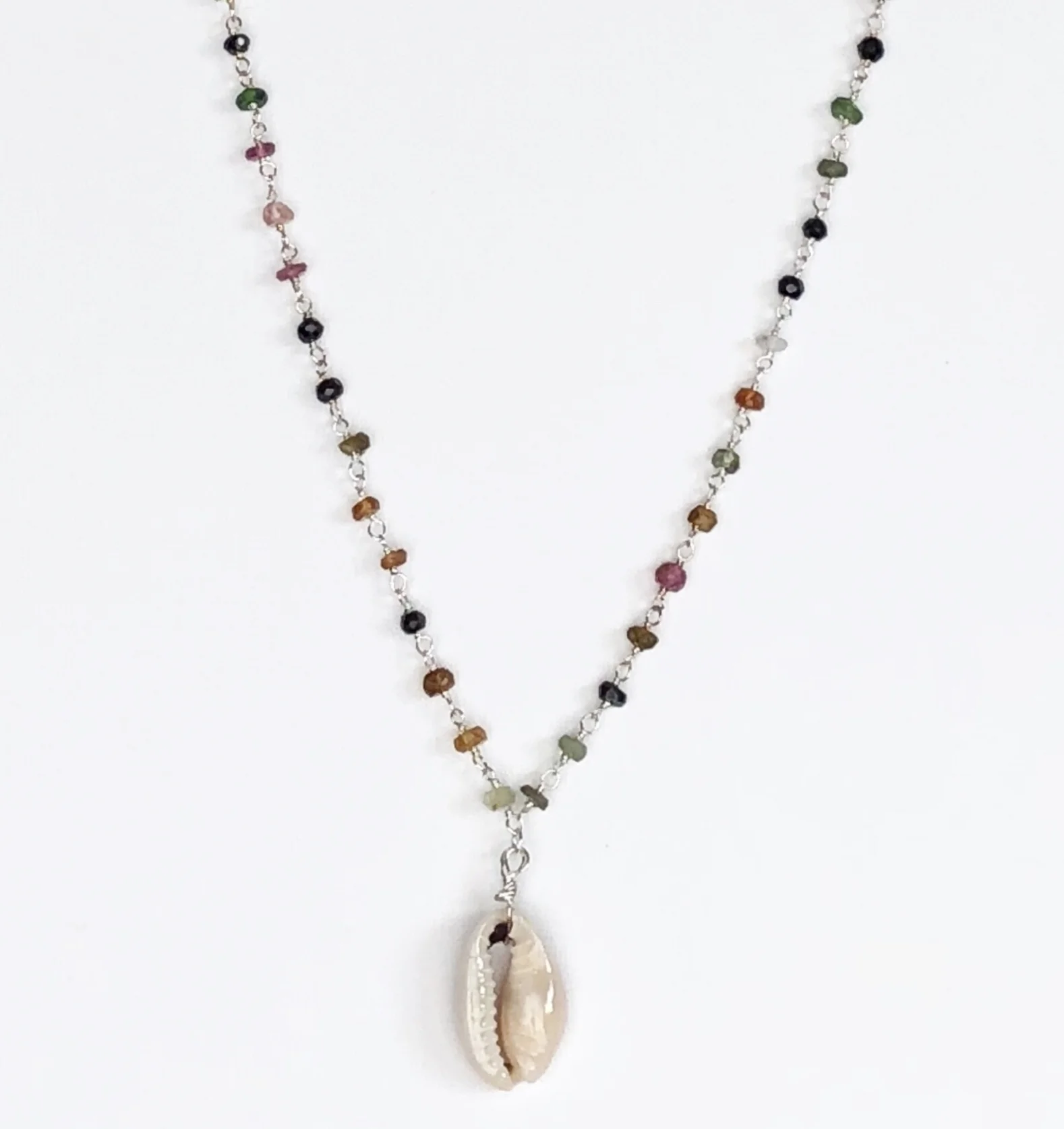 Cowrie Shell with Wired Semi Precious Stones in Silver Necklace