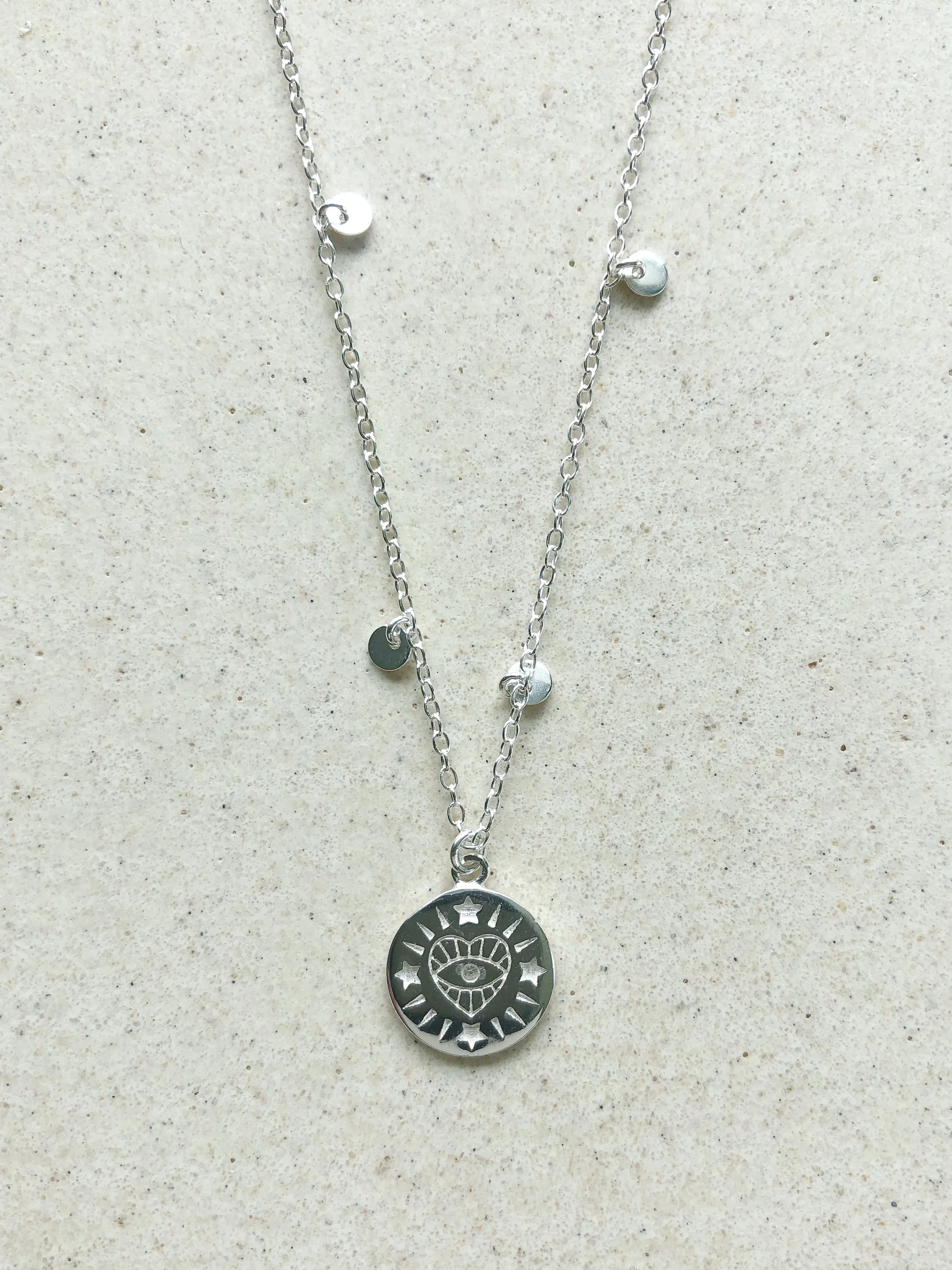 Heart, Eye, Stars CZ Coin with Coins Chain Necklace