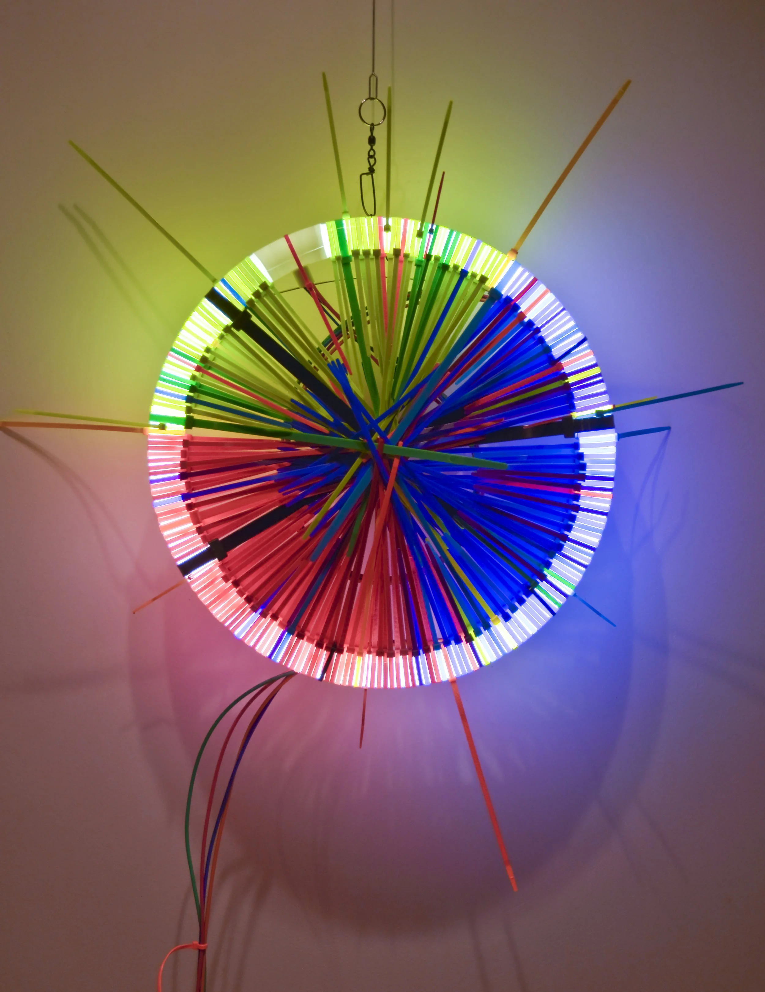 RGB Fluorescent Lamp, color snap ties, loom heddles and fishing spinners and color wire 16 in lamp diameter 24 in overall