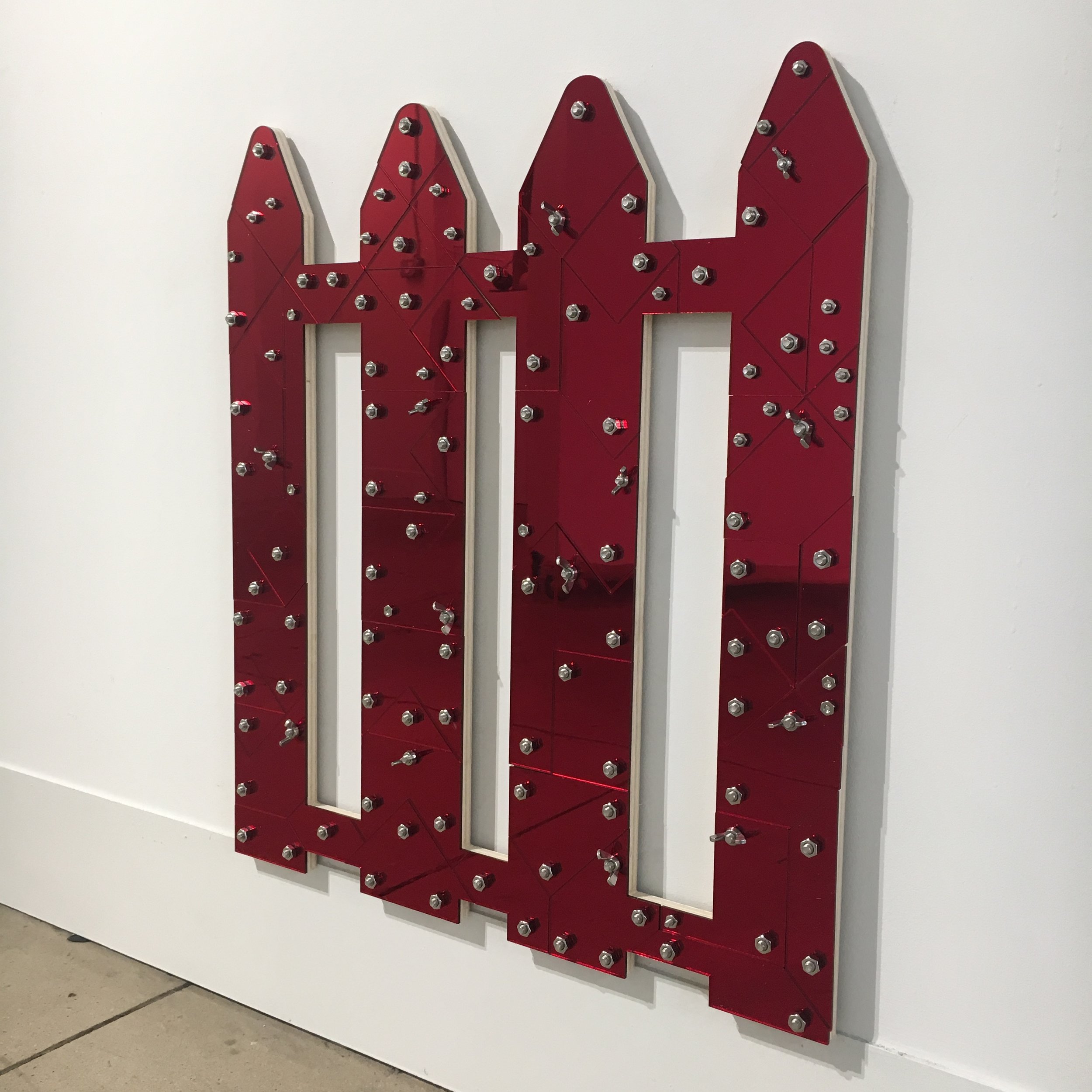 Red Line (Blackamoors Collage #172)   Plexiglass, Mirror, Stainless Steel and red oak board 24 x 21 1/2 in