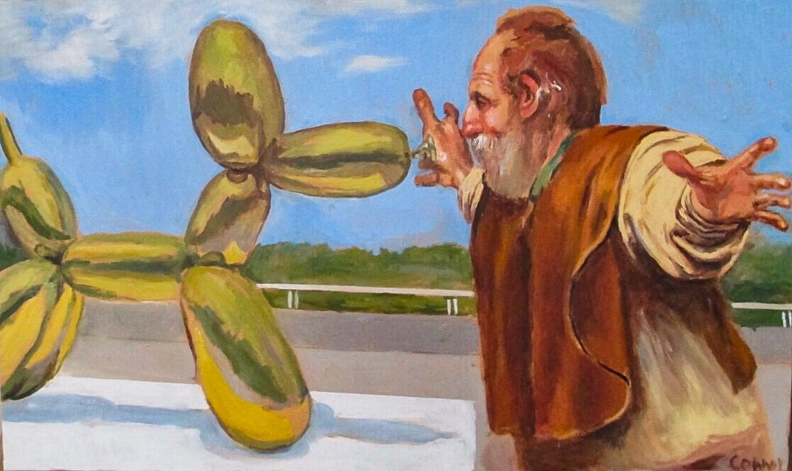 The Art Lover (after Koons, Caravaggio) Oil on canvas 18 x 30 in