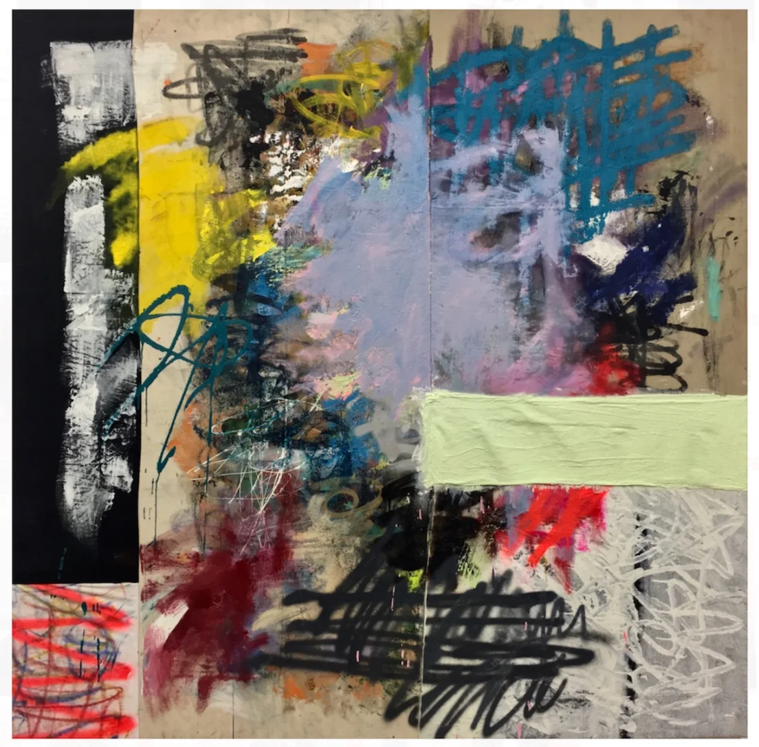 Yo Ask, Let Me Get a Chopped cheese, no lettuce Acrylic, enamel, graphite, ink oil pastel, plaster cast, oil stick and spray paint on linen, canvas and plastic 56 x 56 in