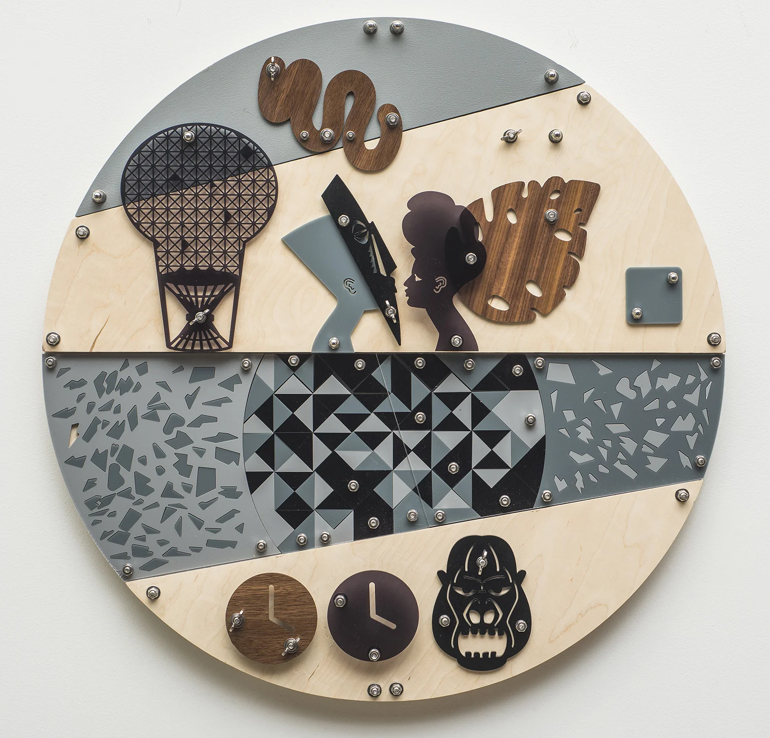 Concealment (Blackamoors Collage #234) CNC routed Baltic birch, plexiglass, stainless steel hardware 30 x 30 in