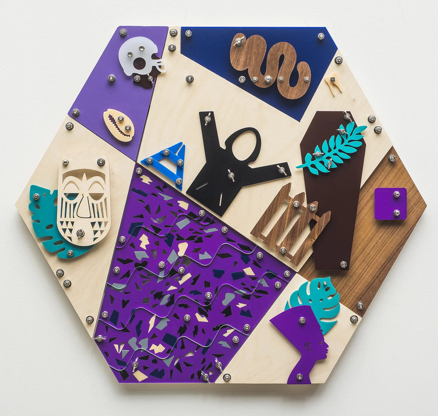 Identification (Blackamoors Collage #231) CNC routed Baltic birch, plexiglass, stainless steel hardware 28 x 32 in