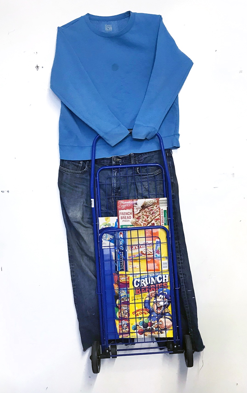 The Shopper Shopping cart, cardboard packaging, jeans, and a sweatshirt 61 x 27 x 2 in