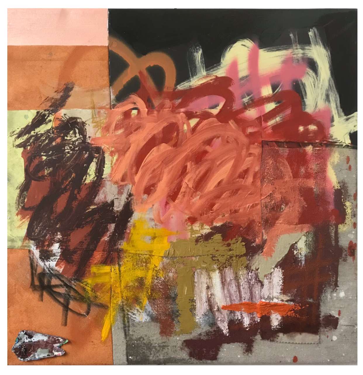Missing Red Mixed media on sewn canvas and fabric 23 x 23 in