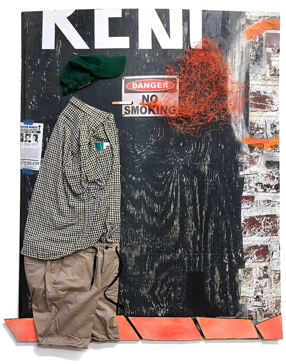 No Smoking Mixed media, oil pastel, poster, and paper on plywood 60 x 50 1/2 x 1 in