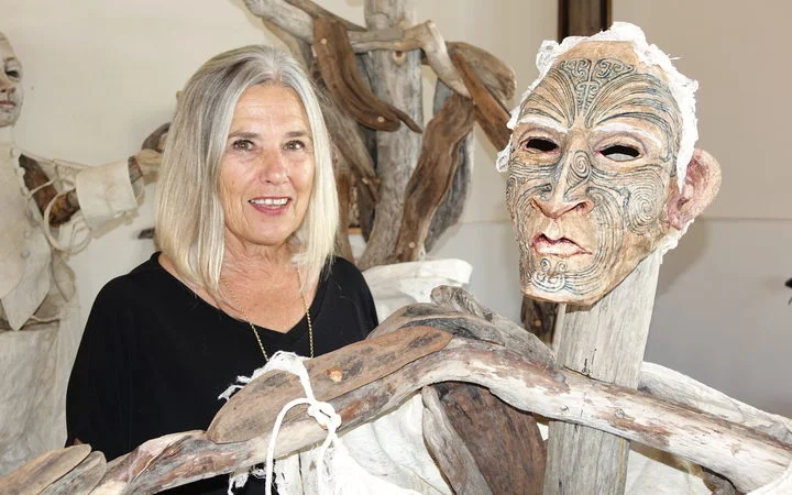 Sally Burton with her latest mixed medium exhibition Pale History at The Suter Art Gallery 2017. Image courtesy of Suter Art Gallery. 