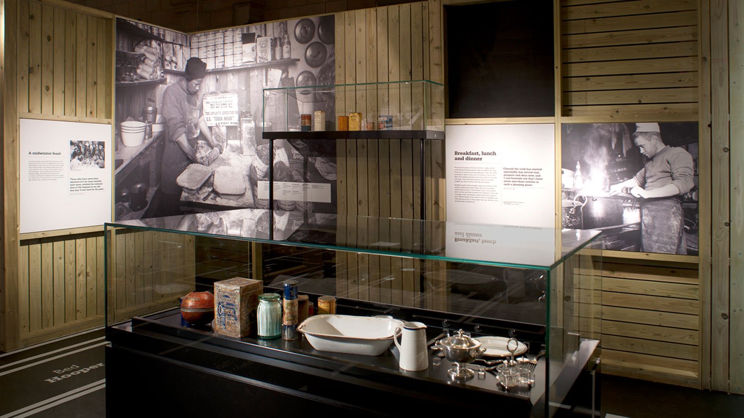  Influenced by Lars Von Trier’s film Dogville the story is told through areas marked out on the floor of the hut itself. Using the original photographic archive of Herbert Ponting the environment was brought to life with a collage of objects and imag