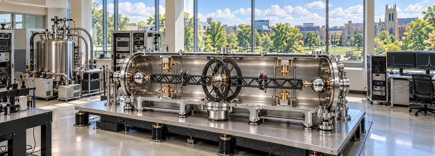 Laboratory apparatus illustration with a long horizontal chamber, central beam assembly, optical table, and surrounding control equipment.