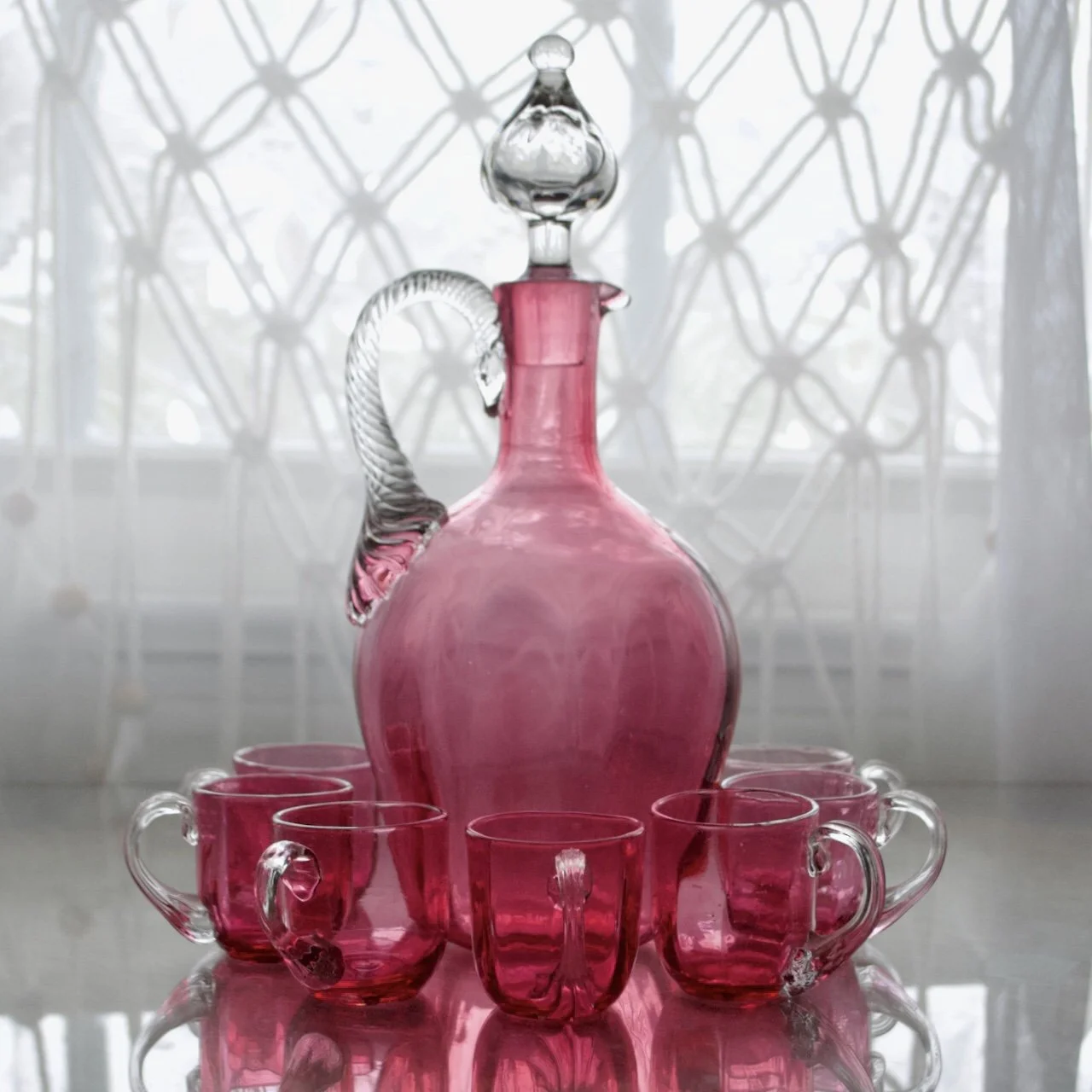 Bohemian Cranberry Glass Liquor Set — Decanter with Stopper and 7
