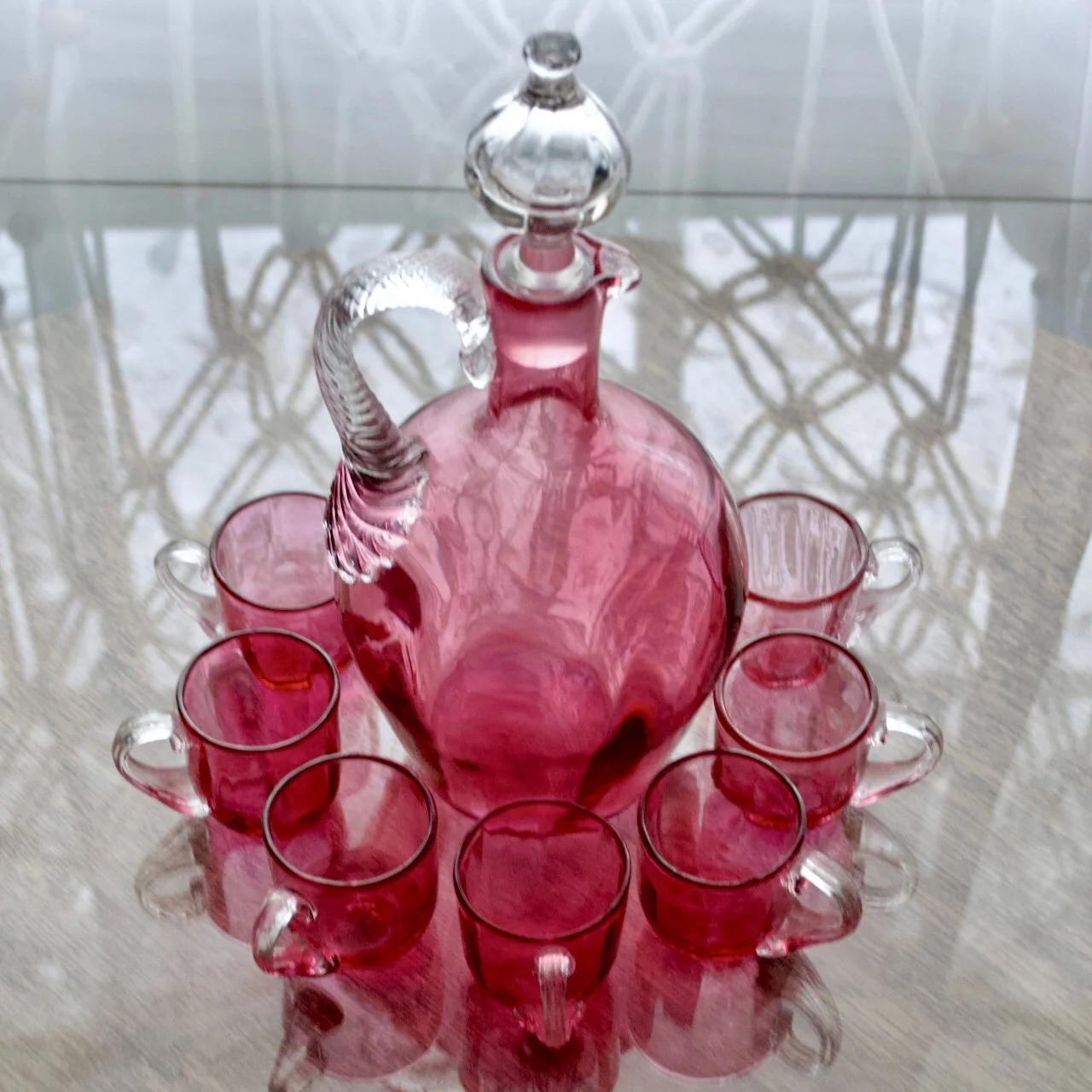 Bohemian Cranberry Glass Liquor Set — Decanter with Stopper and 7